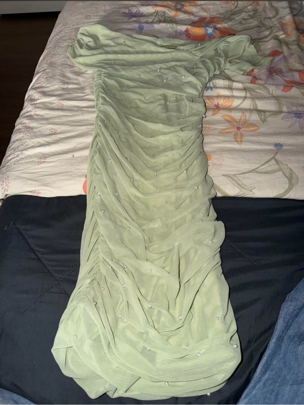 SHEIN Light Green Ruched Maxi Dress with Bead Details